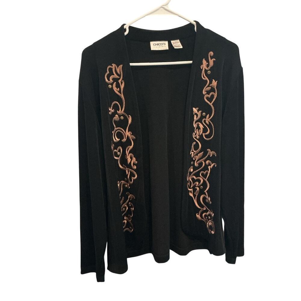 Vintage Chicos Travelers Womens Cardigan Size XL 3 Black Gold Airplane‎ Office